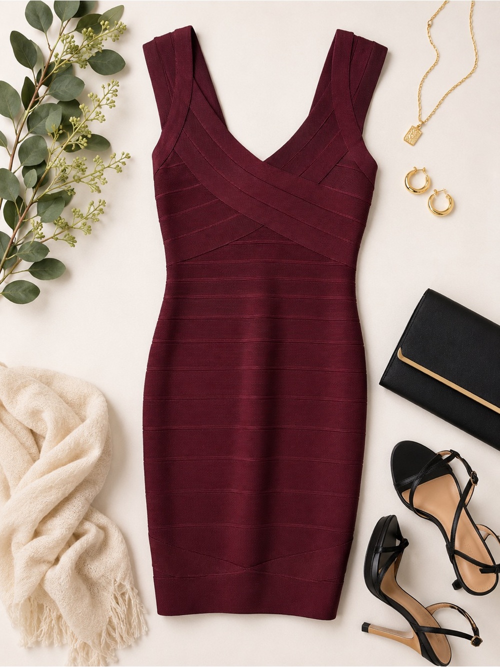 Herve Leger Burgundy Bandage Bodycon Dress Sleeveless Scoop Neck Size Small